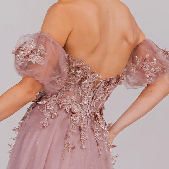 NEW A-LINE FLORAL EMBELLISHED GOWN W/ SWEETHEART NECK & PUFF SLEEVELESS AC 3041 - Picture 7 of 10